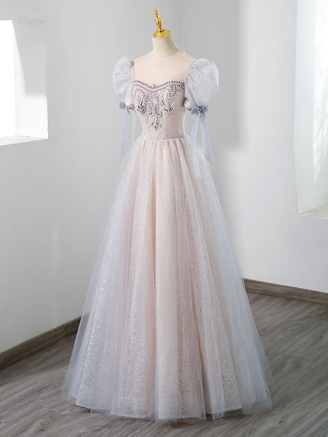 Homecomming Dresses Vintage, Cute Tulle Beaded Long Prom Dress, A-Line Short Sleeve Evening Dress