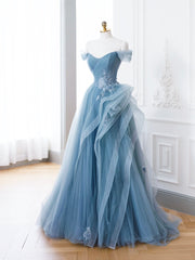 Party Dress For Night, Blue Tulle Lace Long Formal Dress, A-Line Blue Evening Prom Dress