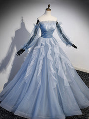 Party Dresses Long, Blue Strapless Tulle Long Prom Dress, Chic A-Line Formal Dress with Long Sleeves