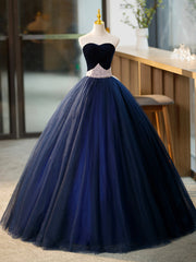 Party Dress In White, Blue Tulle Long Formal Dress with Velvet, Blue Sweetheart Neck Prom Dress