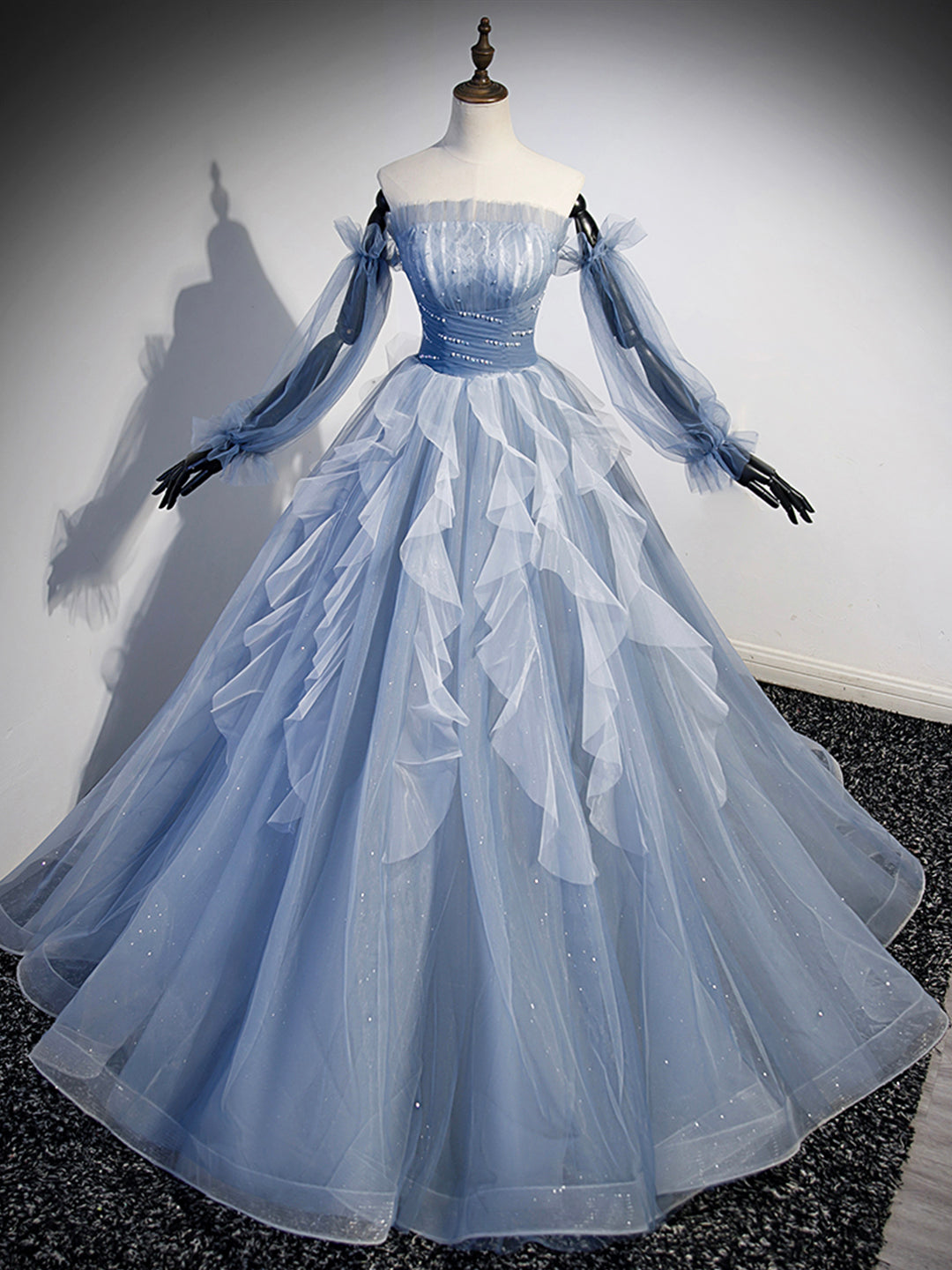 Party Dress Dress Code, Blue Strapless Tulle Long Prom Dress, Chic A-Line Formal Dress with Long Sleeves