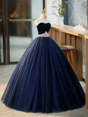 Party Dresses For Girls, Blue Tulle Long Formal Dress with Velvet, Blue Sweetheart Neck Prom Dress