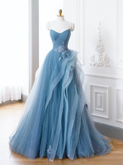 Party Dress Aesthetic, Blue Tulle Lace Long Formal Dress, A-Line Blue Evening Prom Dress