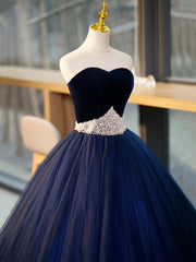 Party Dress Shiny, Blue Tulle Long Formal Dress with Velvet, Blue Sweetheart Neck Prom Dress