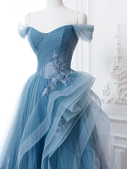 Party Dress Luxury, Blue Tulle Lace Long Formal Dress, A-Line Blue Evening Prom Dress