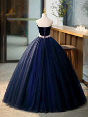 Party Dress Wedding Guest Dress, Blue Tulle Long Formal Dress with Velvet, Blue Sweetheart Neck Prom Dress