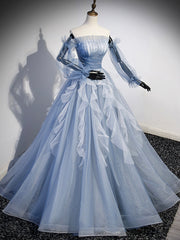 Party Dresses Long Dresses, Blue Strapless Tulle Long Prom Dress, Chic A-Line Formal Dress with Long Sleeves