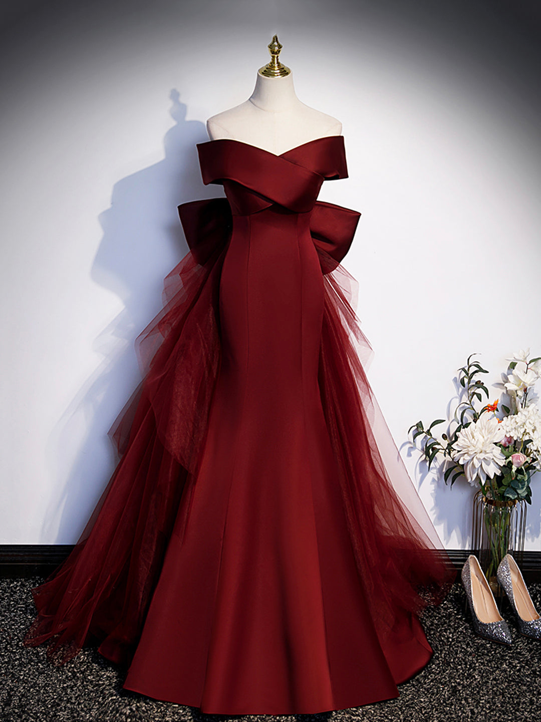 Floral Prom Dress, Burgundy V-Neck Satin Long Prom Dress, Mermaid Off Shoulder Evening Dress with Bow