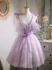 Bridesmaid Dresses Elegant, Lovely Spaghetti Strap Tulle Lace Short Prom Dress, Lavender A-Line Party Dress