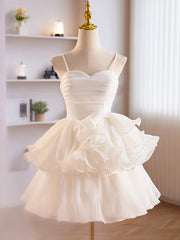 Party Dresses For Girl, White Tulle Sweetheart Short Prom Dress, White Tulle Straps Party Dress