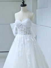 Classy Outfit, White Tulle Lace Long Prom Dress with Corset, Off the Shoulder Sweetheart Evening Dress