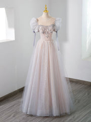 Homecomming Dress Vintage, Cute Tulle Beaded Long Prom Dress, A-Line Short Sleeve Evening Dress