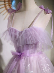 Bridesmaid Dresses Wedding, Lovely Spaghetti Strap Tulle Lace Short Prom Dress, Lavender A-Line Party Dress