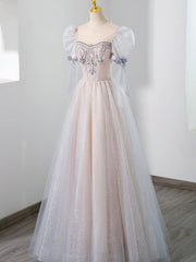 Homecoming Dresses Sweetheart, Cute Tulle Beaded Long Prom Dress, A-Line Short Sleeve Evening Dress