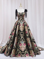 Bridesmaide Dresses Long, Black Floral Floor Length Prom Dress, A-Line Black Evening Dress