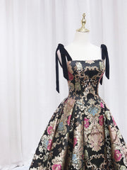 Bridesmaids Dresses On Sale, Black Floral Floor Length Prom Dress, A-Line Black Evening Dress