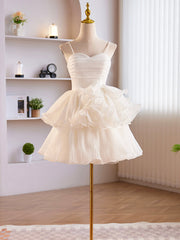 Party Dress Boots, White Tulle Sweetheart Short Prom Dress, White Tulle Straps Party Dress