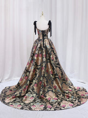 Bridesmaid Dresses On Sale, Black Floral Floor Length Prom Dress, A-Line Black Evening Dress