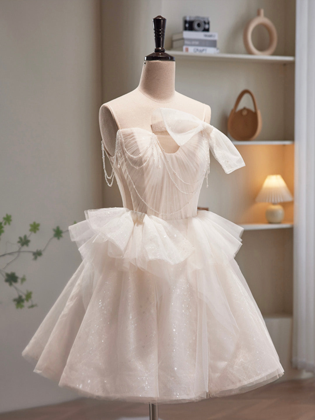 Evening Dresses Australia, Champagne Spaghetti Strap Tulle Short Prom Dress, Cute A-Line Homecoming Dress