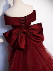 Fairy Dress, Burgundy V-Neck Satin Long Prom Dress, Mermaid Off Shoulder Evening Dress with Bow