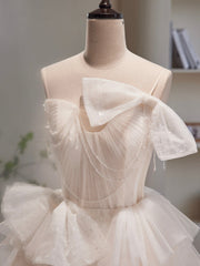 Evening Dresses Cocktail, Champagne Spaghetti Strap Tulle Short Prom Dress, Cute A-Line Homecoming Dress