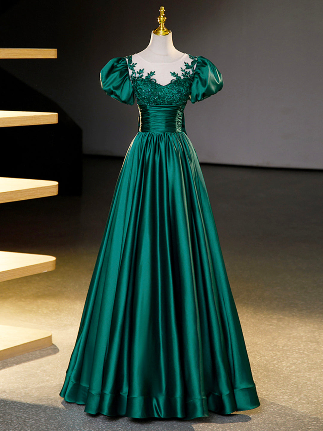 Prom Dresses Pieces, Green Satin Lace Floor Length Formal Dress, Short Sleeve A-Line Evening Dress