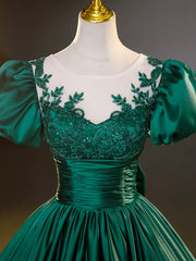 Prom Dress Shorts, Green Satin Lace Floor Length Formal Dress, Short Sleeve A-Line Evening Dress