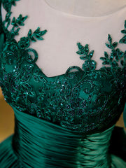 Prom Dressed Short, Green Satin Lace Floor Length Formal Dress, Short Sleeve A-Line Evening Dress