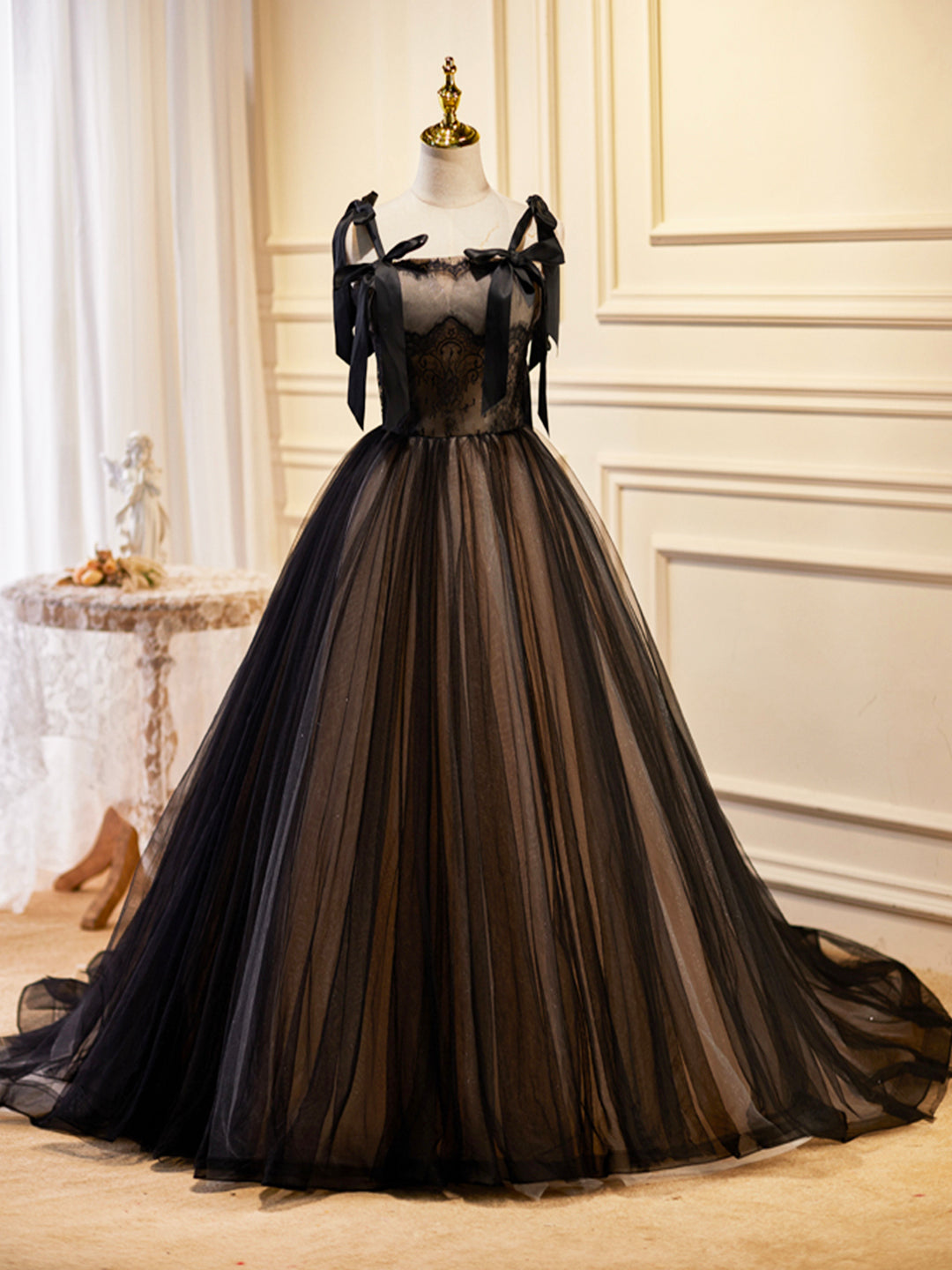 Bridesmaids Dresses Online, Black Tulle Lace Long Prom Dress, Black Evening Party Dress