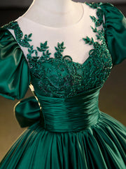 Prom Dresses For Short People, Green Satin Lace Floor Length Formal Dress, Short Sleeve A-Line Evening Dress