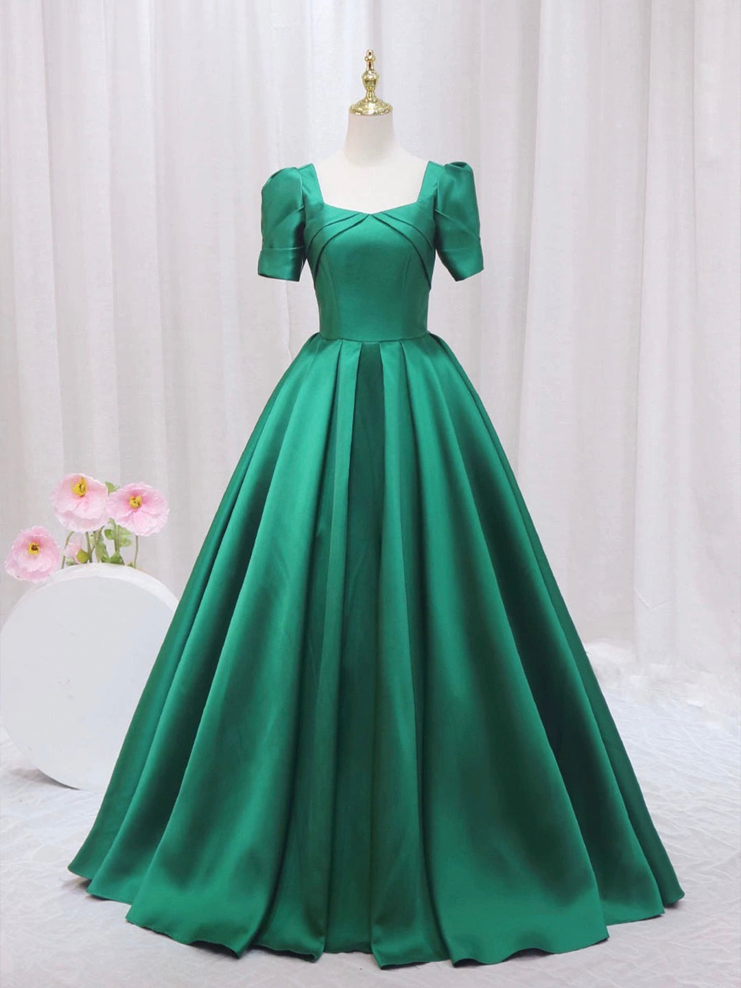 Prom Dresses2038, Green Satin Floor Length Prom Dress, Green Short Sleeve Evening Dress