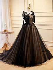 Bridesmaid Dress Shops Near Me, Black Tulle Lace Long Prom Dress, Black Evening Party Dress