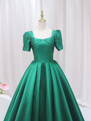 Prom Dresses 2045, Green Satin Floor Length Prom Dress, Green Short Sleeve Evening Dress