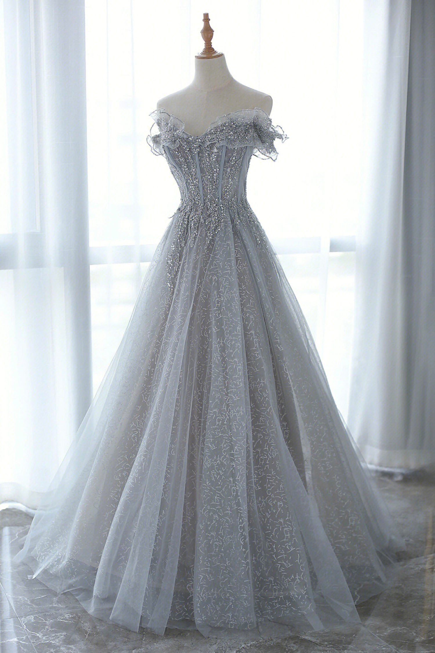 Prom Dresses Colors, Gray Tulle Sequins Long Prom Dress, Off the Shoulder Evening Dress