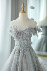 Prom Dress Colorful, Gray Tulle Sequins Long Prom Dress, Off the Shoulder Evening Dress