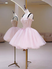 Simple Wedding Dress, Pink Tulle Sequins Sweetheart Short Prom Dress, Pink Straps Party Dress