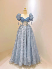 Party Dress Winter, Blue Tulle Lace Long Prom Dress, Beautiful Short Sleeve Evening Dress