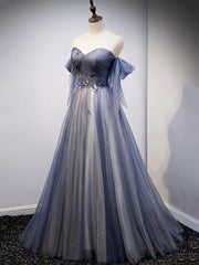 Party Dresses Ideas, Blue Sweetheart Tulle with Lace Party Dress, Blue Long Formal Dress