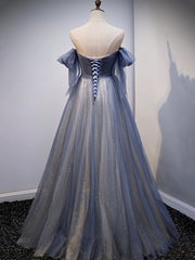 Party Dress A Line, Blue Sweetheart Tulle with Lace Party Dress, Blue Long Formal Dress