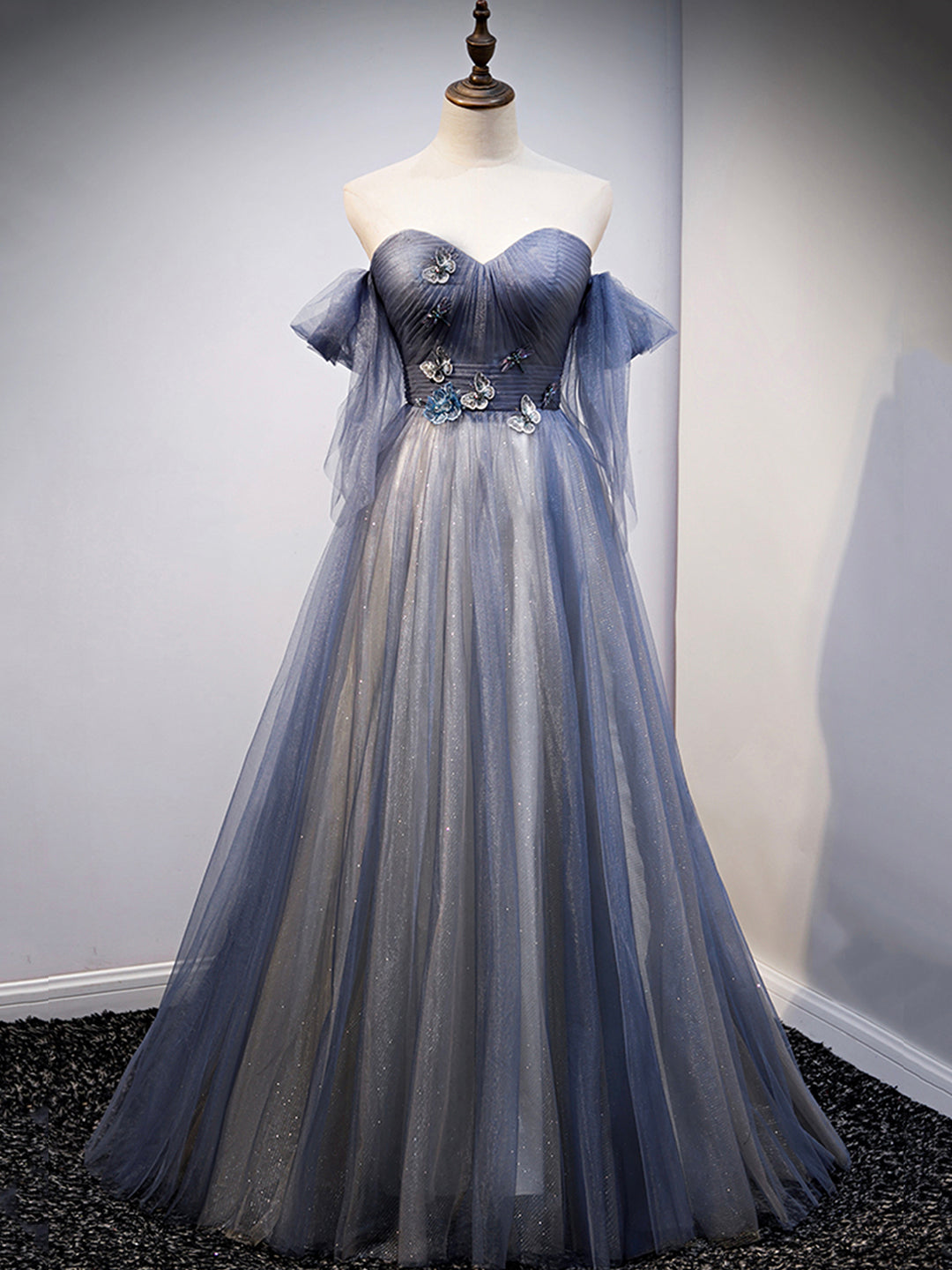 Party Dresses Idea, Blue Sweetheart Tulle with Lace Party Dress, Blue Long Formal Dress