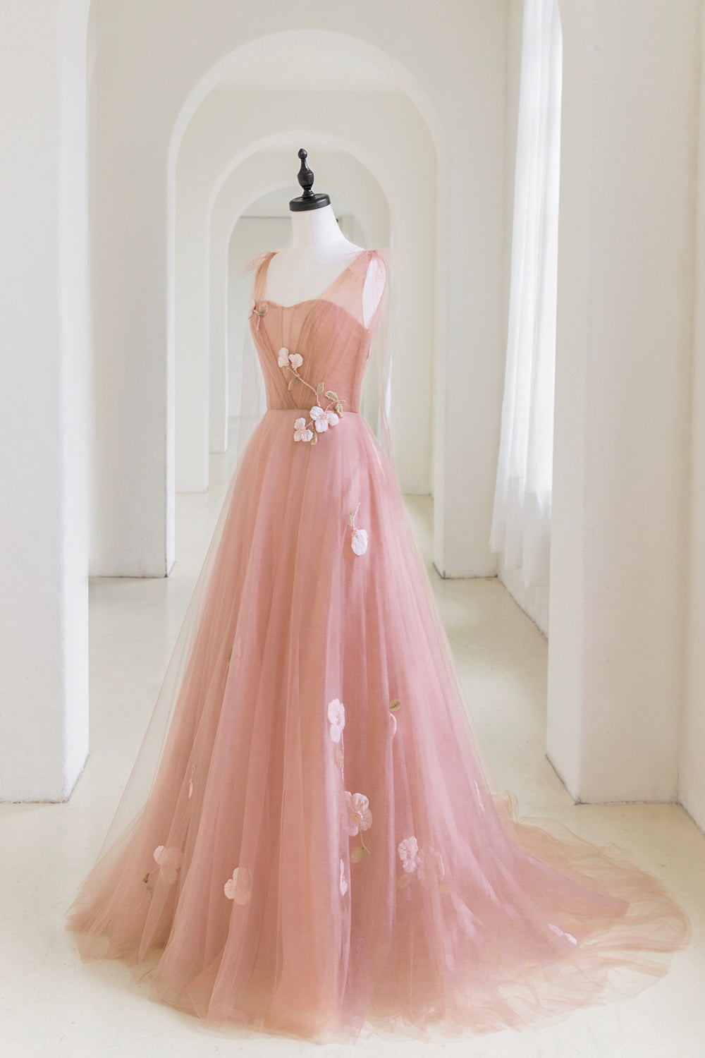 Bridesmaids Dress Styles Long, Pink Tulle Applique Long Evening Dress, A-Line Junior Prom Dress