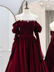 Girl Dress, Burgundy Velvet Long Formal Dress, Elegant Long Sleeve A-Line Prom Dress