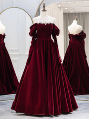 Long Prom Dress, Burgundy Velvet Long Formal Dress, Elegant Long Sleeve A-Line Prom Dress