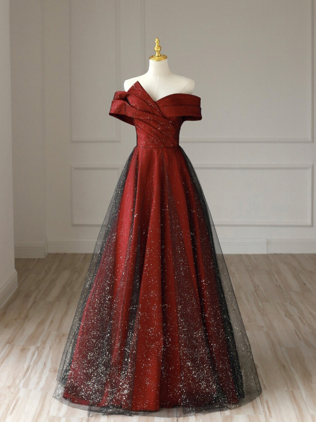 Formal Dress Gowns, Burgundy Satin Long V-Neck Prom Dress, Off the Shoulder Party Dress