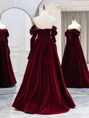 Vacation Dress, Burgundy Velvet Long Formal Dress, Elegant Long Sleeve A-Line Prom Dress