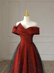 Formal Dresses Fashion, Burgundy Satin Long V-Neck Prom Dress, Off the Shoulder Party Dress