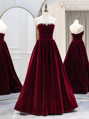 Red Formal Dress, Burgundy Velvet Long Formal Dress, Elegant Long Sleeve A-Line Prom Dress