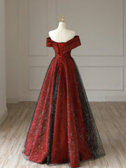 Formal Dress Elegant, Burgundy Satin Long V-Neck Prom Dress, Off the Shoulder Party Dress