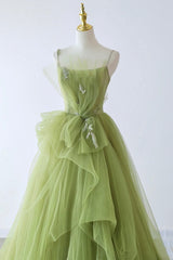 Prom Dress Long Beautiful, Green Spaghetti Strap Tulle Long Formal Evening Dress, Green A-Line Prom Dress