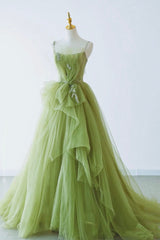 Prom Dresses Long Beautiful, Green Spaghetti Strap Tulle Long Formal Evening Dress, Green A-Line Prom Dress